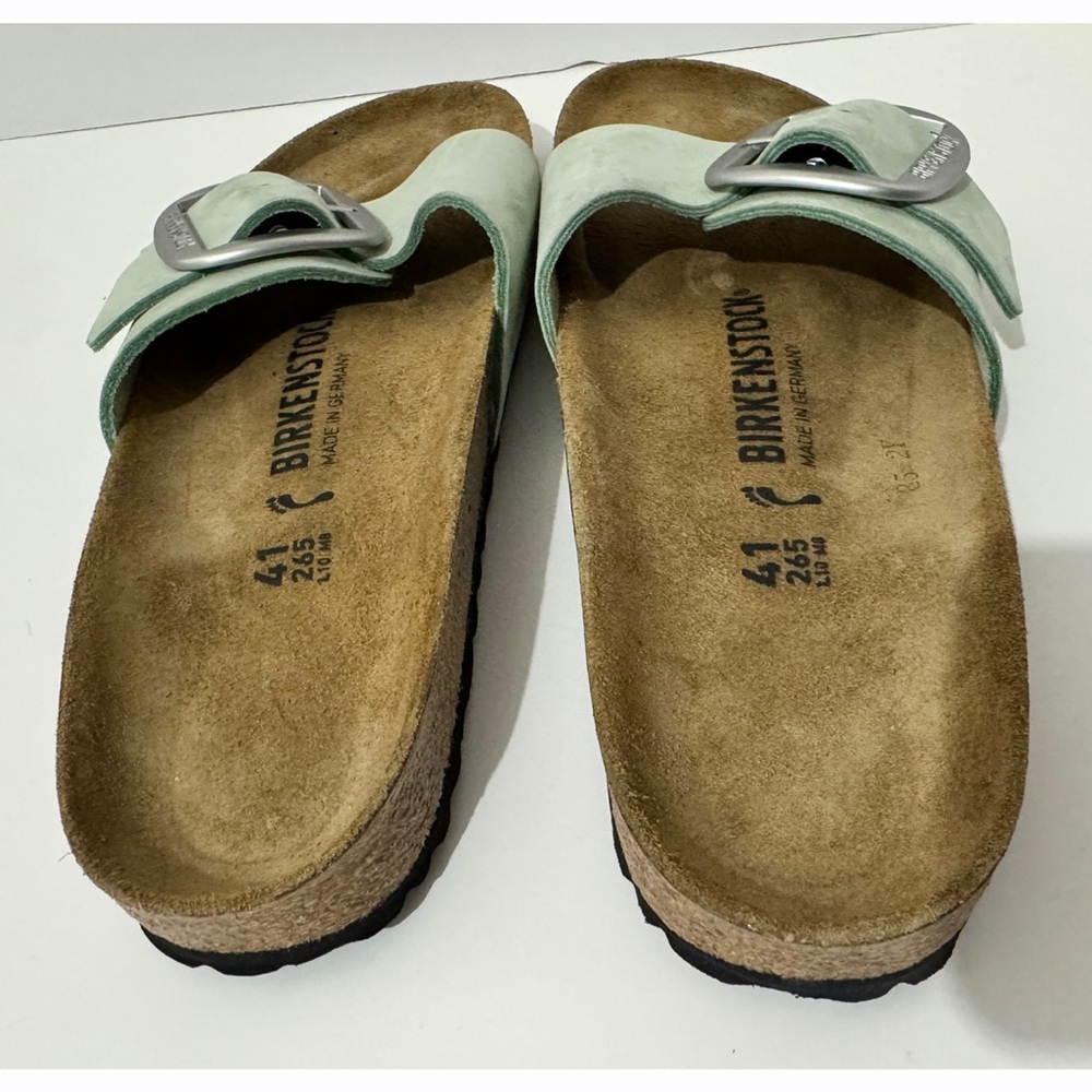 Birkenstock Madrid Big Buckle Nubuck Leather Pure Sage Green Slide Sandals 10 - Picture 9 of 12